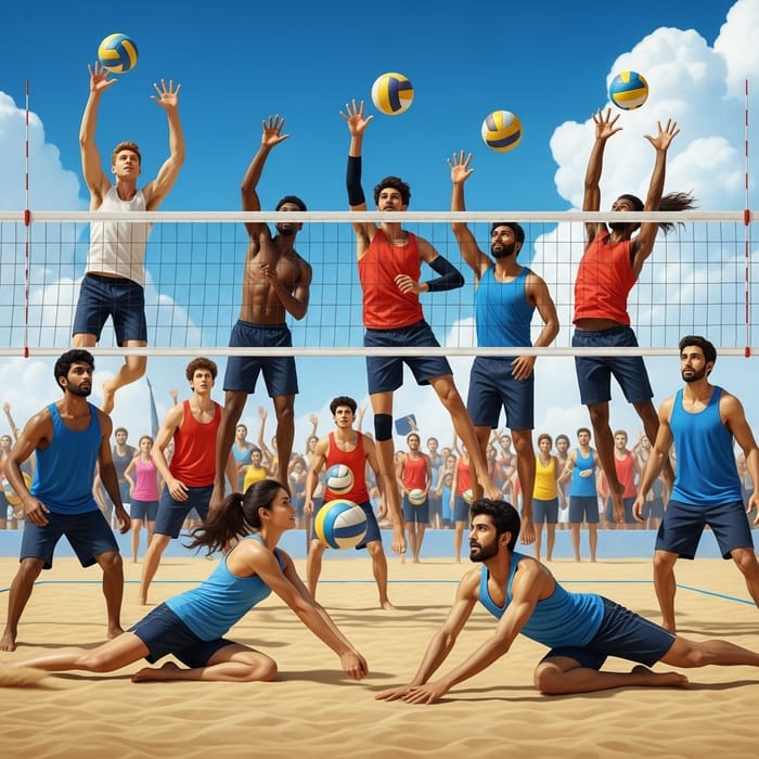 Diverse Group of Volleyball Athletes in Action