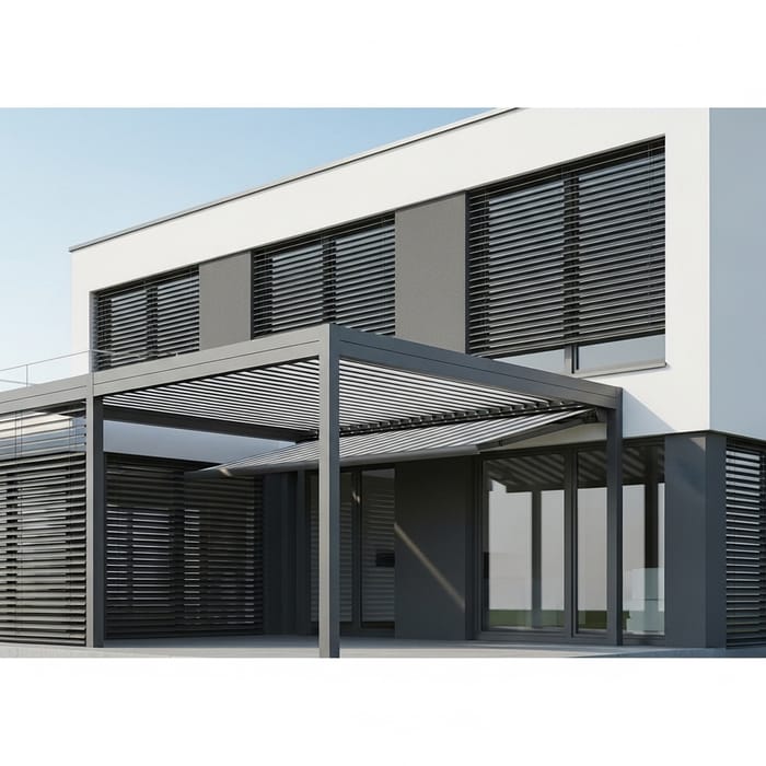 Realistic 3D Visualization of Modern House with Aluminum Blinds, Pergolas, and Hinged Awning Realistic 3D Visualization of Modern House with Aluminum Blinds, Pergolas, and Hinged Awning