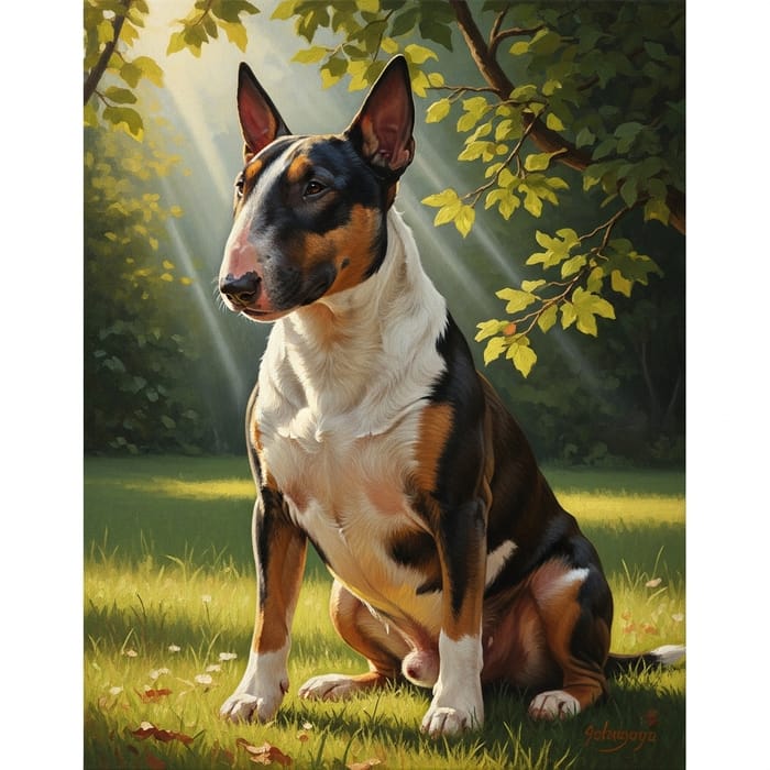 Tranquil Bull Terrier Oil Painting in Natural Setting