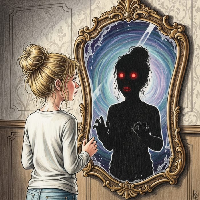Blonde Girl Standing in Front of Mirror with Red-Eyed Silhouette Drawing