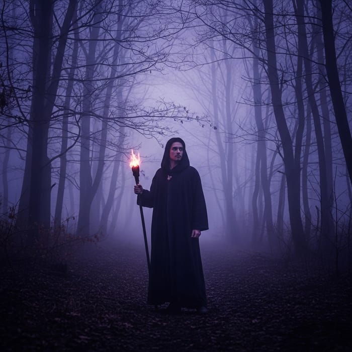 Enigmatic Figure in Mystical Forest Art | Nostalgic Fantasy Scene