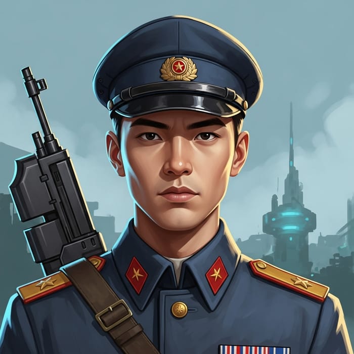 Dynamic Young Man in Military Uniform: Comic Book Style Illustration