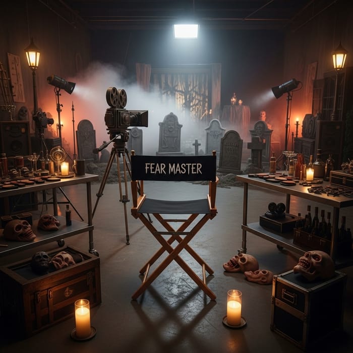 Eerie Horror Movie Studio: Vintage Equipment and Ominous Set Eerie Horror Movie Studio: Vintage Equipment and Ominous Set