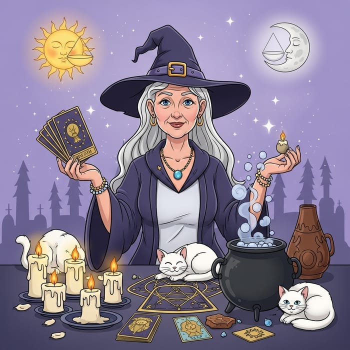 Compassionate White Witch in Cartoon Style with Tarot, Cats, and Magic Compassionate White Witch in Cartoon Style with Tarot, Cats, and Magic