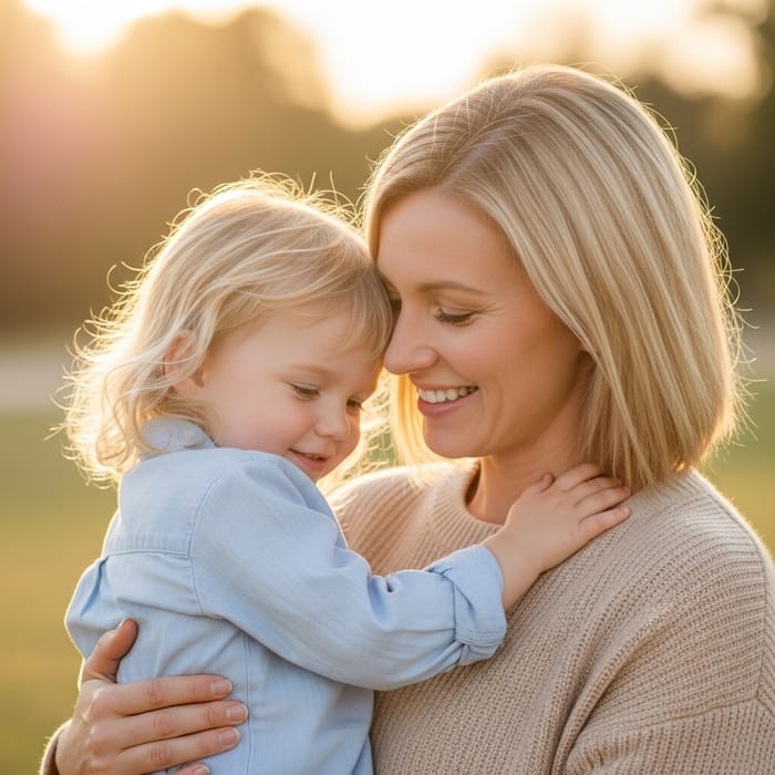 Blond Mother Fostering Positivity in Heartwarming Family Portrait