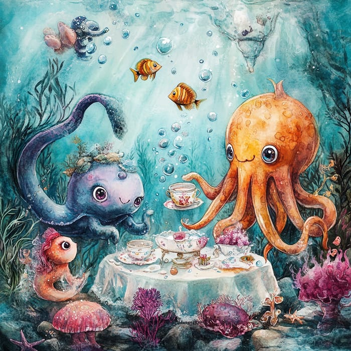 Whimsical Underwater Tea Party with Sea Creatures