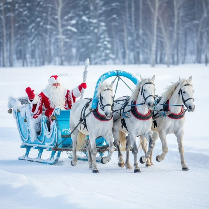 Russian Santa Claus Sleigh Ride - Blue Team Winter Scene Russian Santa Claus Sleigh Ride - Blue Team Winter Scene