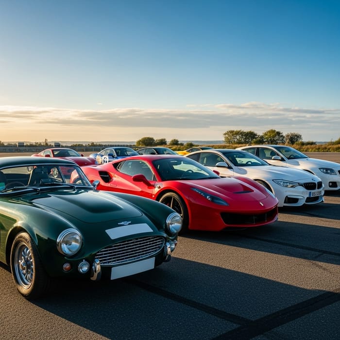 Captivating Super Cars: A Scene of British Racing Green, Fiery Red, and Lustrous White Captivating Super Cars: A Scene of British Racing Green, Fiery Red, and Lustrous White
