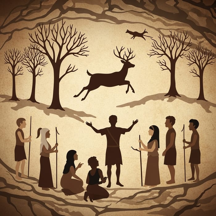 Cave Painting: Professor & Students Hunting Deer Cave Painting: Professor & Students Hunting Deer