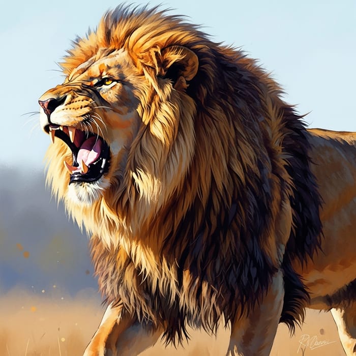Vibrant Regal Lion Roaring Artwork | Bold Wildlife Painting