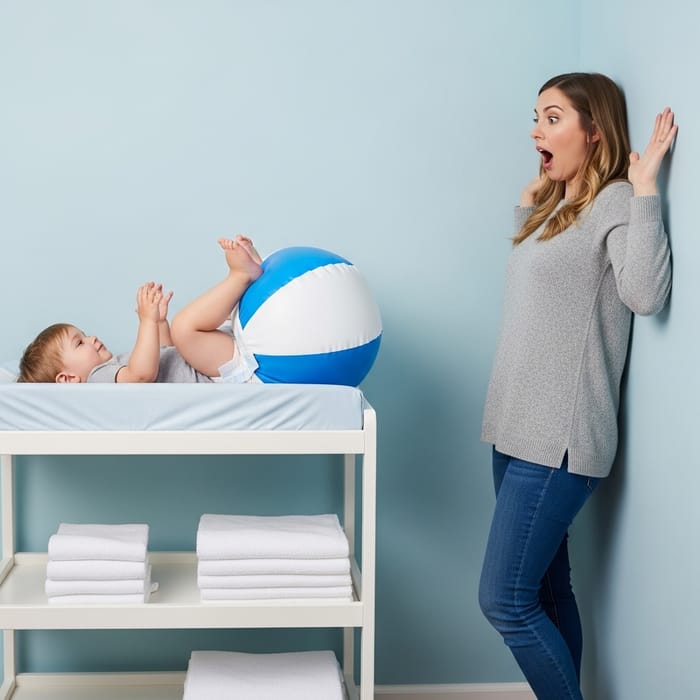 Adorable Toddler Kicking with Joy in Oversized Inflated Diaper Adorable Toddler Kicking with Joy in Oversized Inflated Diaper