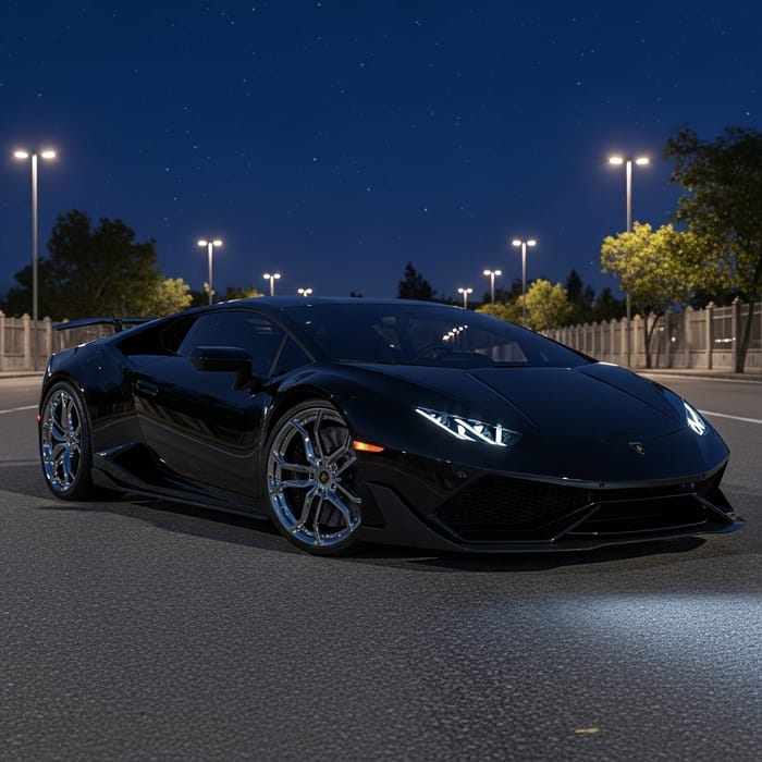 Black Lamborghini | Night Street Scene Black Lamborghini | Night Street Scene