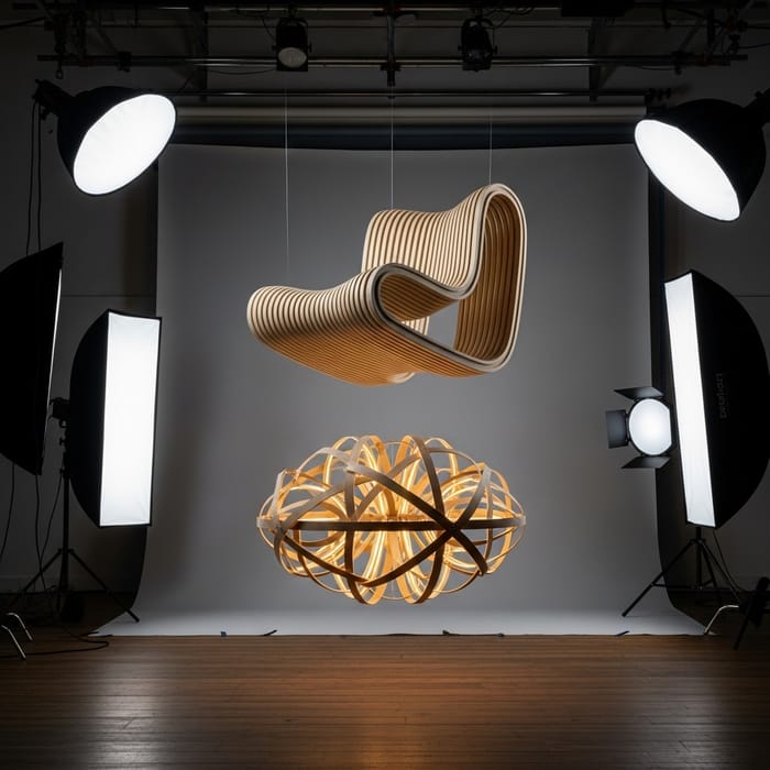 Parametric Wooden Chair & Designer Chandelier in Studio Photo Parametric Wooden Chair & Designer Chandelier in Studio Photo