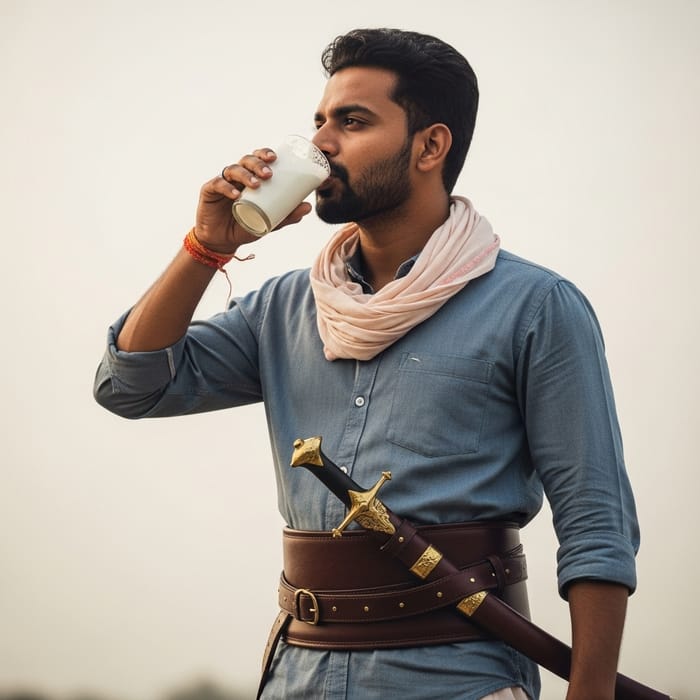South Asian Man in Sword Belt Drinking Milk - Serene Moment Captured