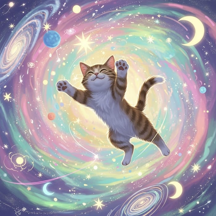 Playful Cat in Vibrant Cosmic Universe - Pastel Colors & Cosmic Patterns