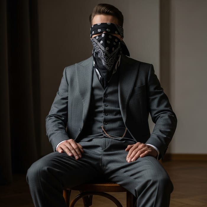 Classical Style Suit Man with Covered Eyes Seated on Chair