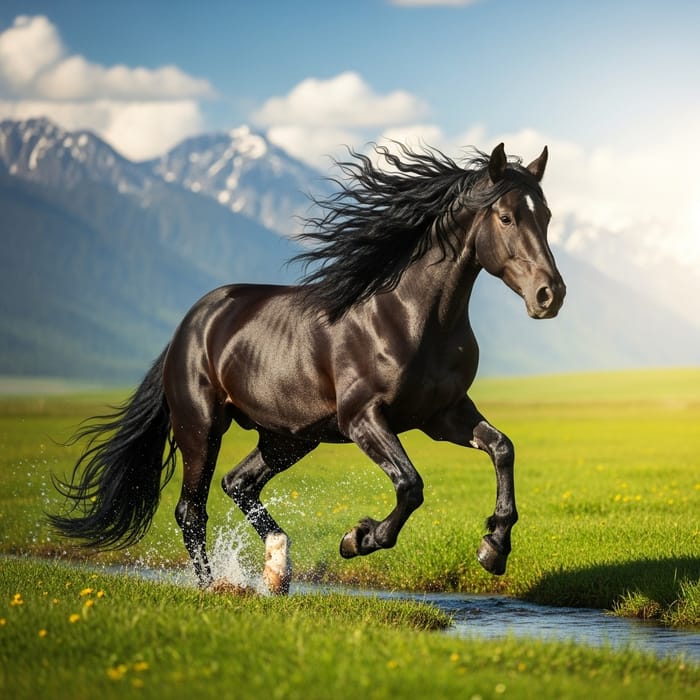 Powerful Black Stallion Galloping in Lush Green Field with Majestic Mountain View Powerful Black Stallion Galloping in Lush Green Field with Majestic Mountain View