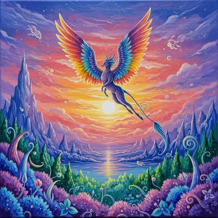 Whimsical Fantasy Landscape with Mythical Creature and Iridescent Wings Whimsical Fantasy Landscape with Mythical Creature and Iridescent Wings