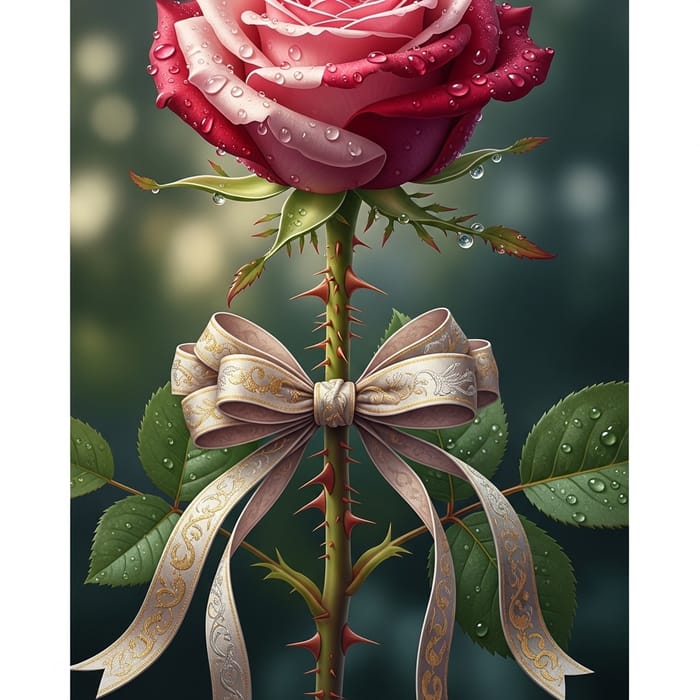 Detailed Illustration of a Rose with Sharp Thorns and Ribbons Detailed Illustration of a Rose with Sharp Thorns and Ribbons