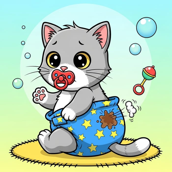 Newborn Kitten in Diapers: Adorable Cartoon Toilet Training