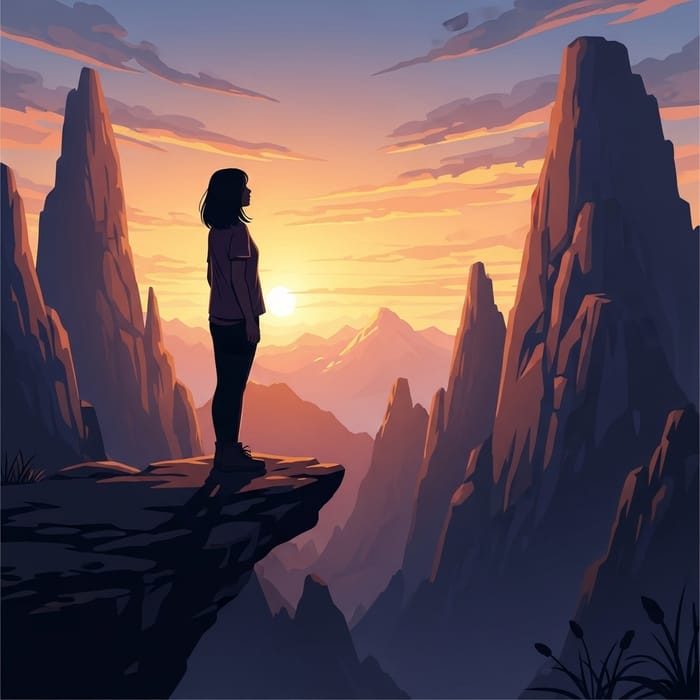 Majestic Mountain Sunset View with Focused Gaze Majestic Mountain Sunset View with Focused Gaze