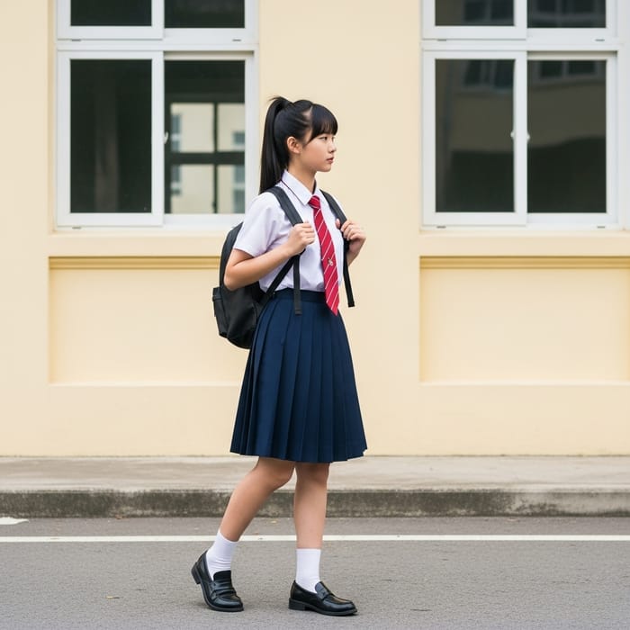 Asian High School Girl in Traditional School Uniform