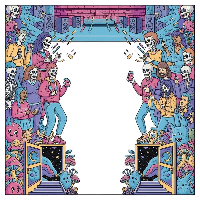 Surreal Cyberpunk Poster: Stage, Interacting People, Cosmic Doors