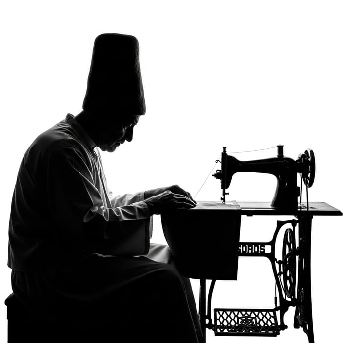 Black and White Silhouette of Elderly Dervish Sewing with Traditional Machine Black and White Silhouette of Elderly Dervish Sewing with Traditional Machine