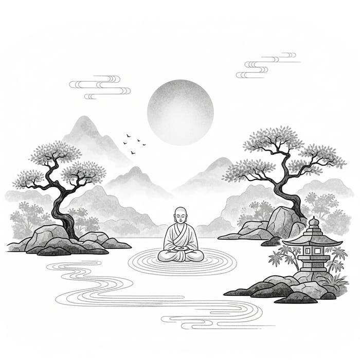 Tranquil Zen Garden with Meditating Monk in Traditional Japanese Style