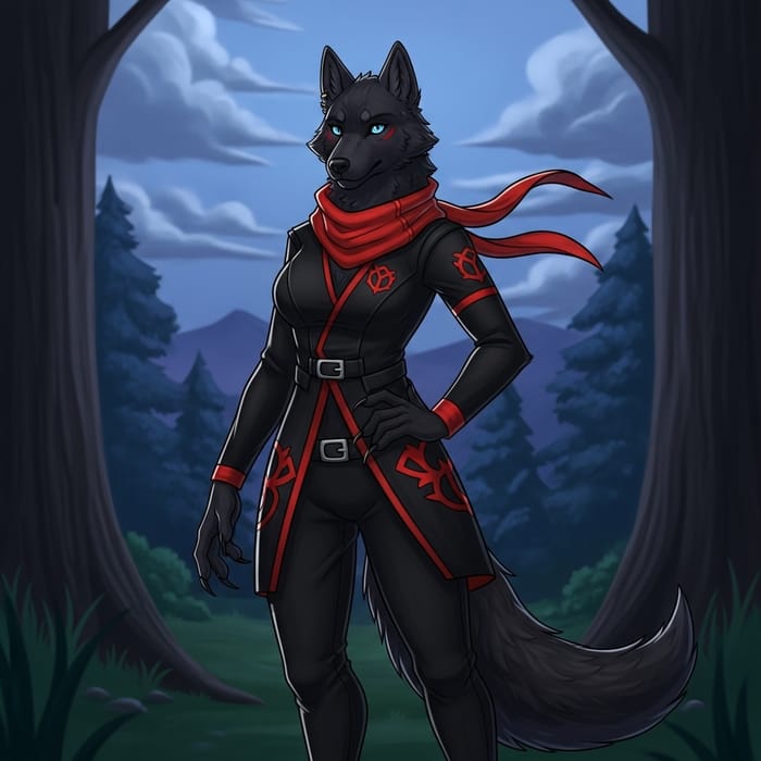 Furry Female Black Wolf in Stylish Black and Red Attire