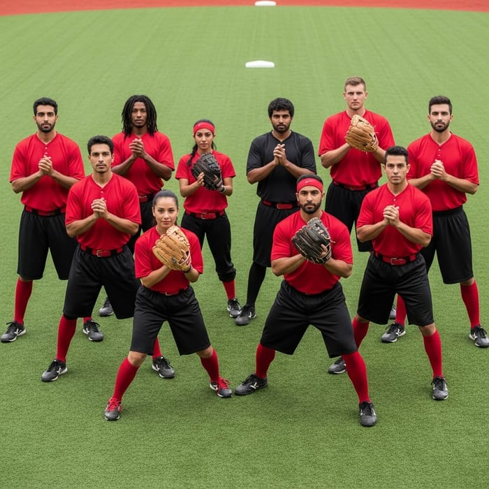 Energized Kickball Team in Red Uniforms with Diverse Heritage Energized Kickball Team in Red Uniforms with Diverse Heritage
