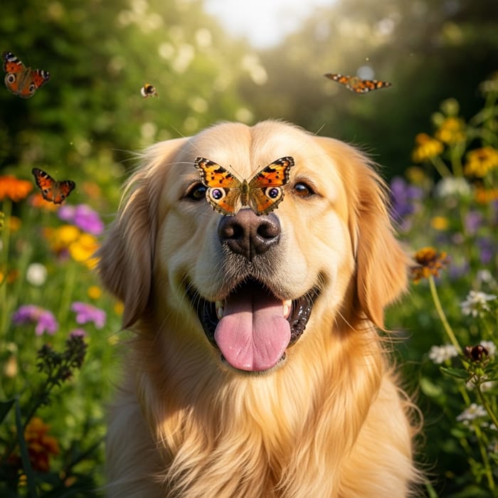 Butterfly on Dog Nose: Joyful Moment in Garden