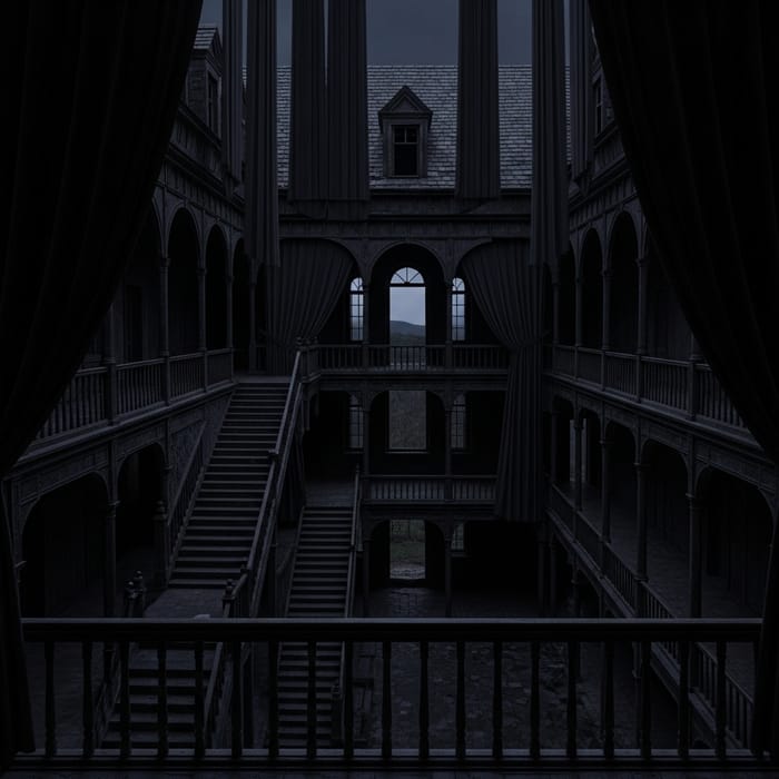 Black Abandoned Castle: Dark Staircases, Balconies, and Draped Curtains Black Abandoned Castle: Dark Staircases, Balconies, and Draped Curtains