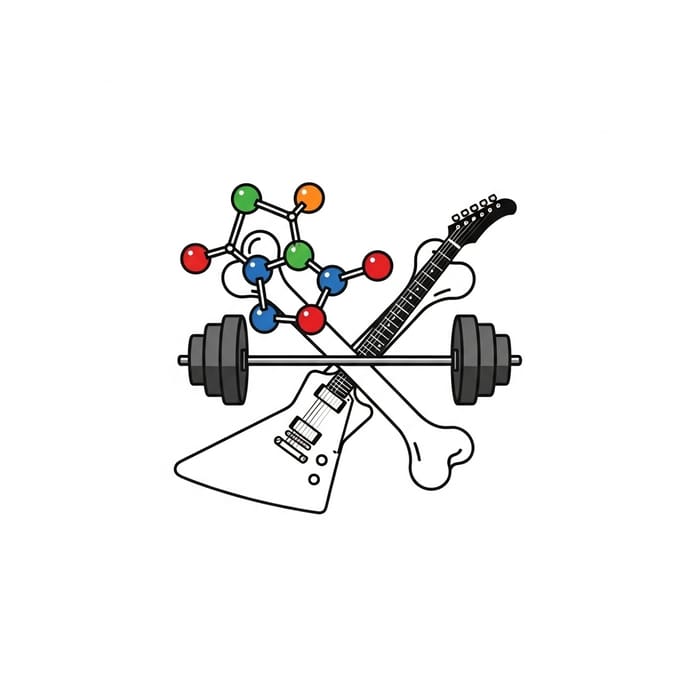 Sleek Logo Design with Molecular Structure, Guitar & Barbell in Vibrant Colors Sleek Logo Design with Molecular Structure, Guitar & Barbell in Vibrant Colors