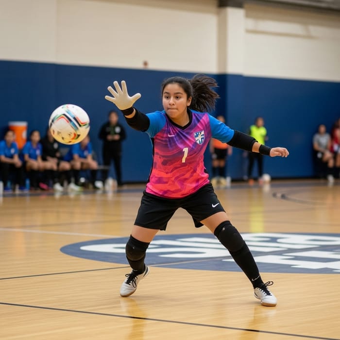 Hispanic Teenage Girl Blocks Soccer Shot in Colorful Futsal Uniform