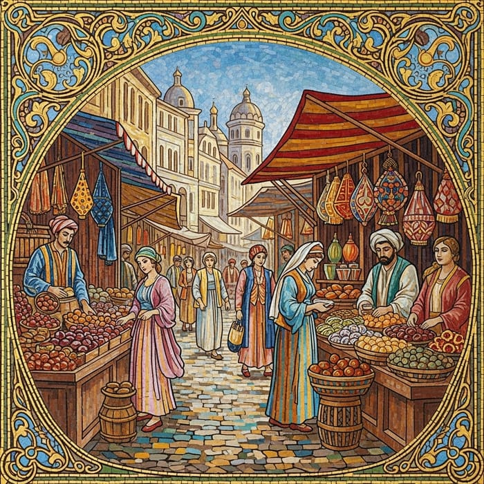 Vibrant Art Nouveau Marketplace Mosaic Painting