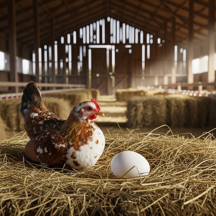 Adorable Mini Chicken Lays Large Egg in Rustic Barn Hay - Country Charm Scene Adorable Mini Chicken Lays Large Egg in Rustic Barn Hay - Country Charm Scene