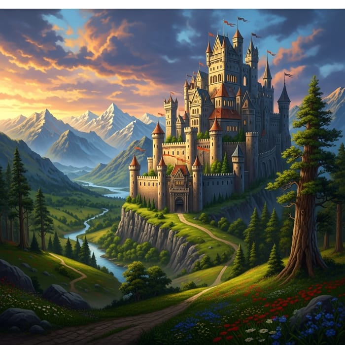 Fantasy Painting of Majestic Medieval Castle in Lush Green Landscape Fantasy Painting of Majestic Medieval Castle in Lush Green Landscape