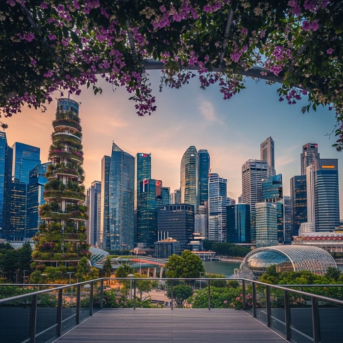 Singapore's Futuristic Skyline Under Vibrant Blooms Singapore's Futuristic Skyline Under Vibrant Blooms