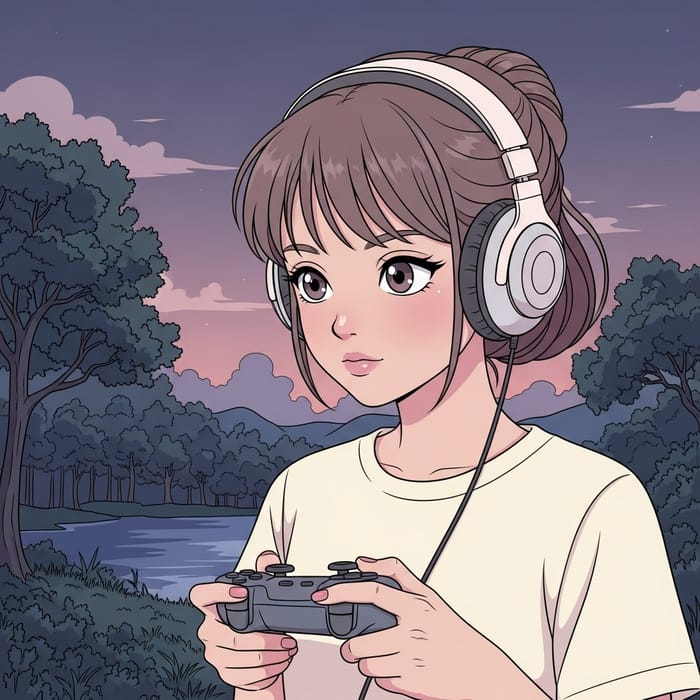 Pastel Anime Girl with Headphone and Game Controller in Nature