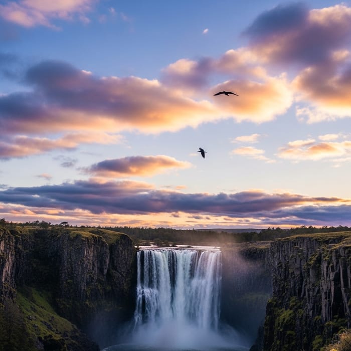 Panoramic Sky with Majestic Waterfall and Bird in Nature
