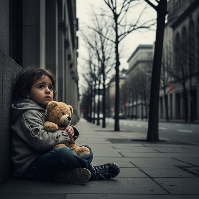 Heartbreaking Scene of an Abandoned Child in City Street Heartbreaking Scene of an Abandoned Child in City Street