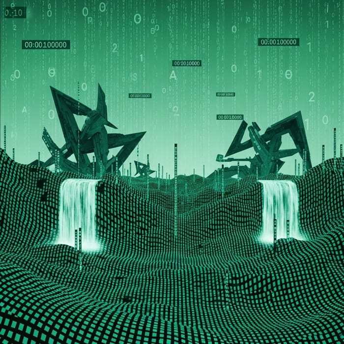 Futuristic Digital Landscape with Cascading Data Streams and Pixelated Hills