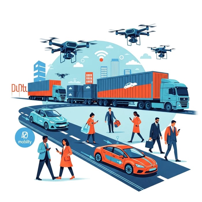 Abstract Digital Mobility Art: Drones, Electric Cars, People, Lorries Abstract Digital Mobility Art: Drones, Electric Cars, People, Lorries