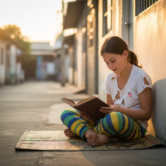 Inspiring Image of a Poor Child Immersed in a Book Outdoors Inspiring Image of a Poor Child Immersed in a Book Outdoors