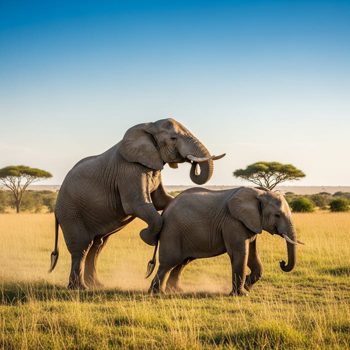 Wild Elephants Mating: Majestic Scene in Grasslands Wild Elephants Mating: Majestic Scene in Grasslands