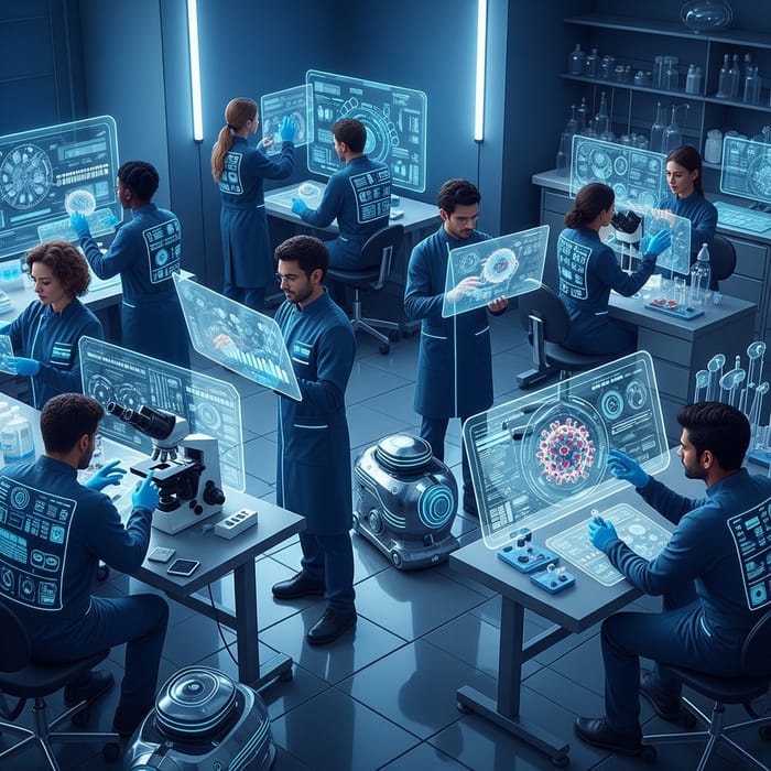 Futuristic Medical Technologists in Sci-Fi Lab Futuristic Medical Technologists in Sci-Fi Lab