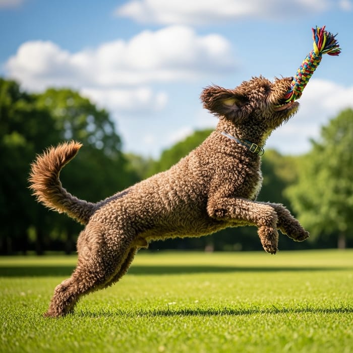 Happy Spanish Water Dog Playing in Green Park