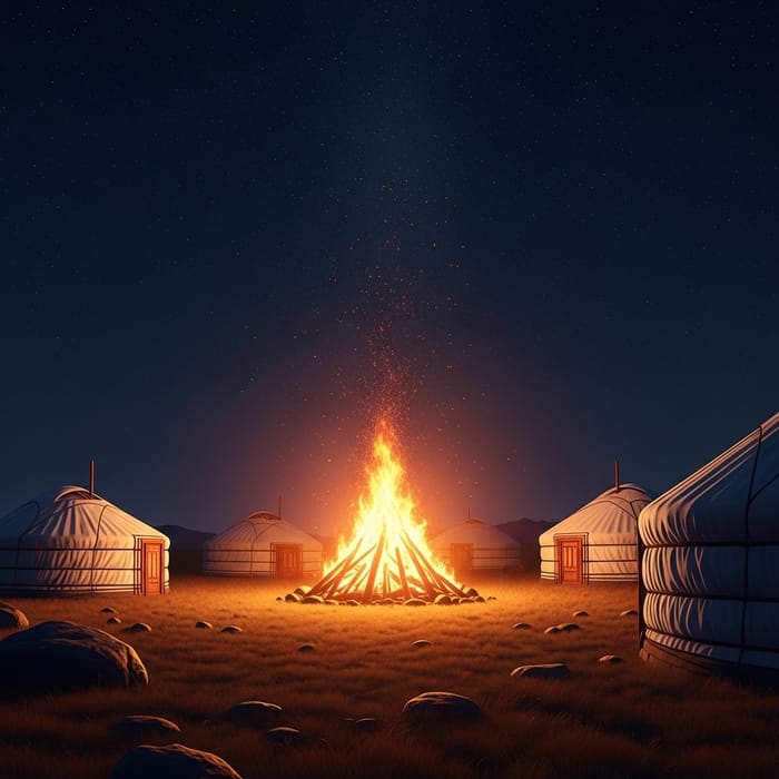 Nocturnal Bonfire among Traditional Yurts