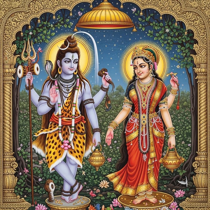 Divine Depiction of Lord Shiva and Maa Parvati: Vibrant Indian Art